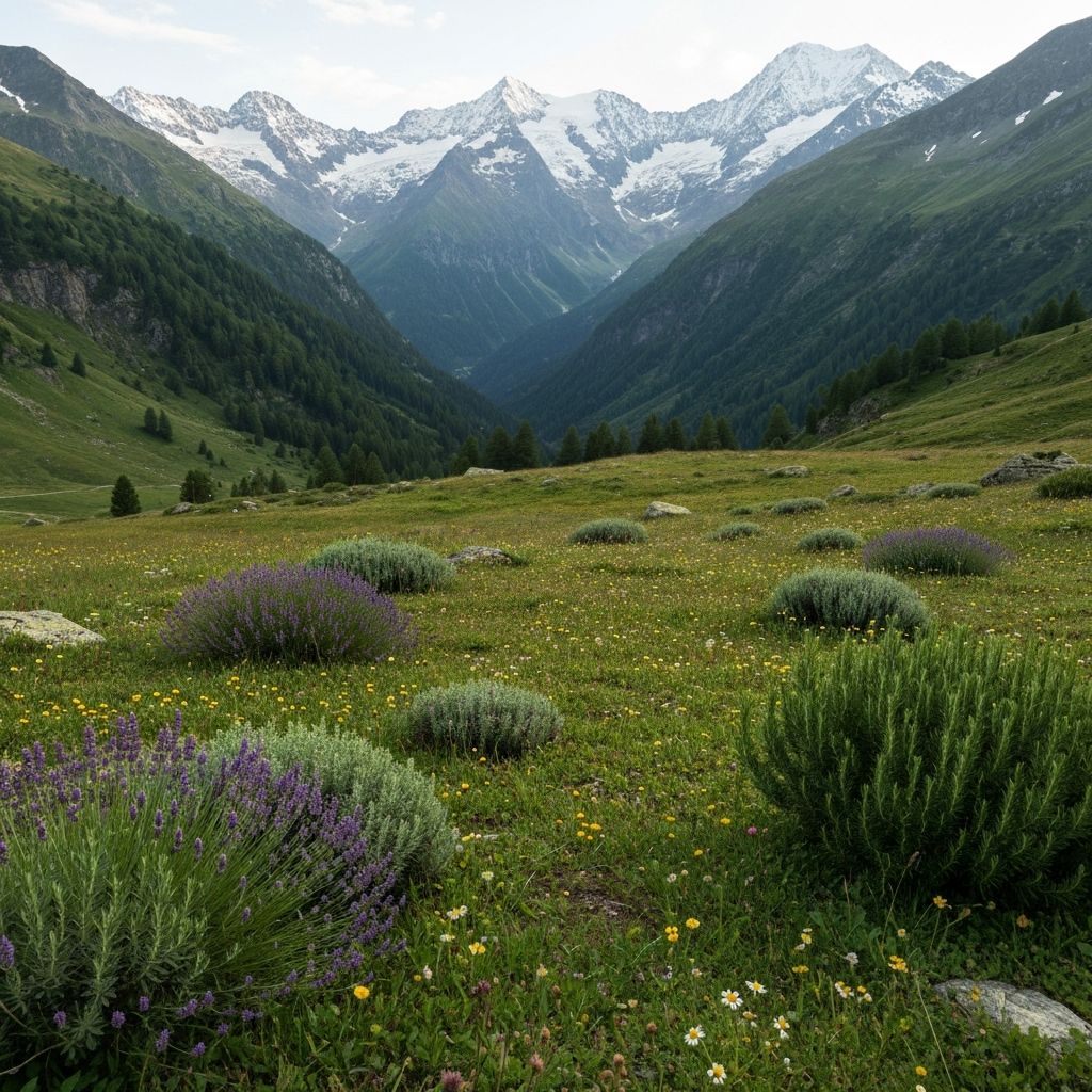 Alpine mountain valley with natural herbs and botanical diversity